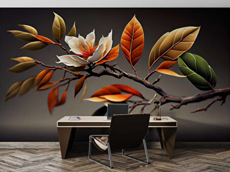 3 Boyutlu Sonbahar Çiçek ve Dal Desenli Duvar Kağıdı