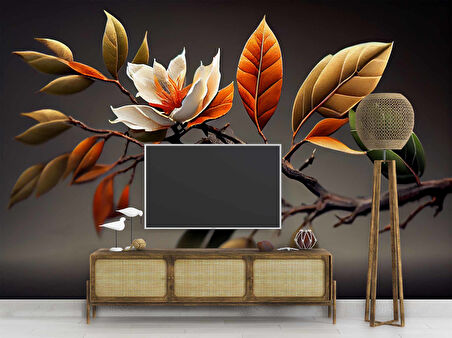 3 Boyutlu Sonbahar Çiçek ve Dal Desenli Duvar Kağıdı