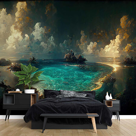 Gece Deniz Manzaralı Suluboya Çizim Duvar Kağıdı