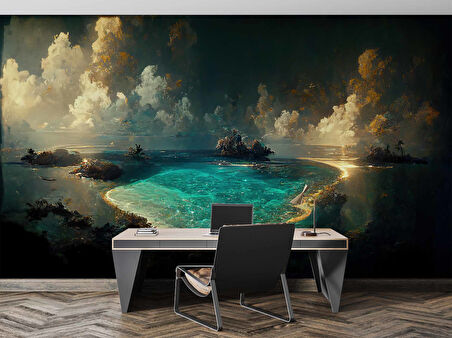 Gece Deniz Manzaralı Suluboya Çizim Duvar Kağıdı