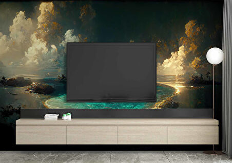 Gece Deniz Manzaralı Suluboya Çizim Duvar Kağıdı