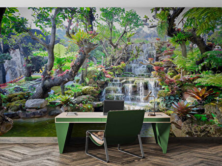 Orman ve Şelale Manzaralı Duvar Kağıdı