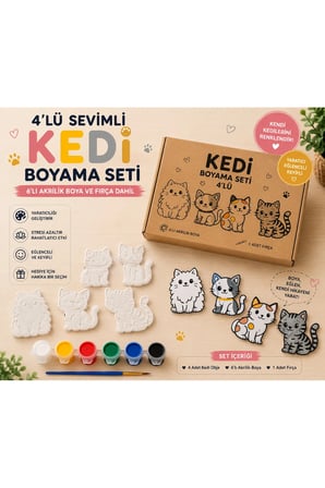 4’lü Sevimli Kedi Boyama Seti | 6’lı Akrilik Boya ve Fırça Dahil | Eğitici Aktivite Seti