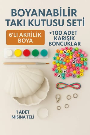 Boyanabilir Takı Kutusu Seti – 6’lı Akrilik Boya + 100 Parça Boncuk + Misina Hediyeli