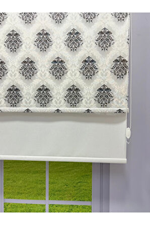 Gri Damask Desenli Çift Mekanizmalı Tül ve Stor Perde - Simli Kumaş, Simli Stor Perde