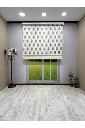Gri Damask Desenli Çift Mekanizmalı Tül ve Stor Perde - Simli Kumaş, Simli Stor Perde