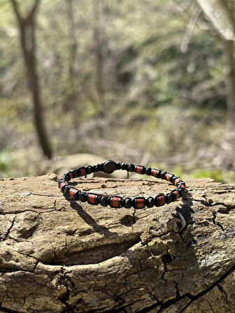 Kırmızı Jasper, Hematit Bileklik - Iden Black Red Bileklik - Tasarım Bileklik 4mm Ayarlanabilir
