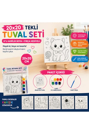20x20 Desenli Boyanabilir Tuval Seti – 6’lı Akrilik Boya ve Fırça Hediyeli