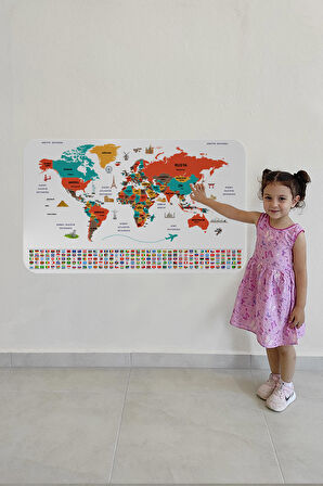 Türkçe Ülke Bayrak lı Eğitici Başkent Detaylı Atlası Dünya Haritası Duvar Sticker 3858