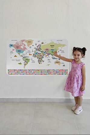 Türkçe Ülke Bayrak lı Eğitici Başkent Detaylı Atlası Dünya Haritası Duvar Sticker 3859