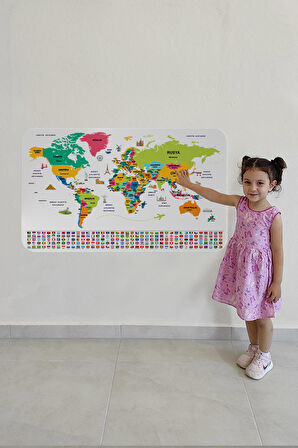 Türkçe Ülke Bayrak lı Eğitici Başkent Detaylı Atlası Dünya Haritası Duvar Sticker 3860