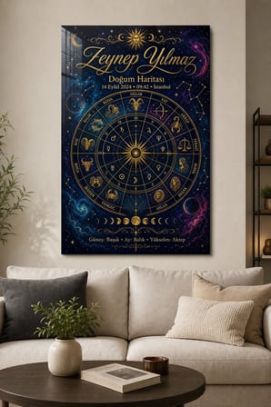 Kişiye Özel Doğum Haritası Baskılı Cam Tablo – Astroloji UV Baskı Duvar Tablosu