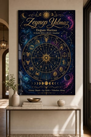 Kişiye Özel Doğum Haritası Baskılı Cam Tablo – Astroloji UV Baskı Duvar Tablosu