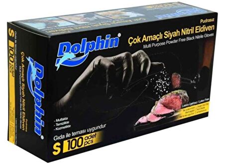 Dolphin Tek Kullanımlık Lateks Siyah Pudrasız Nitril Muayne Eldiveni Small Boy - 100'lü 10 Paket