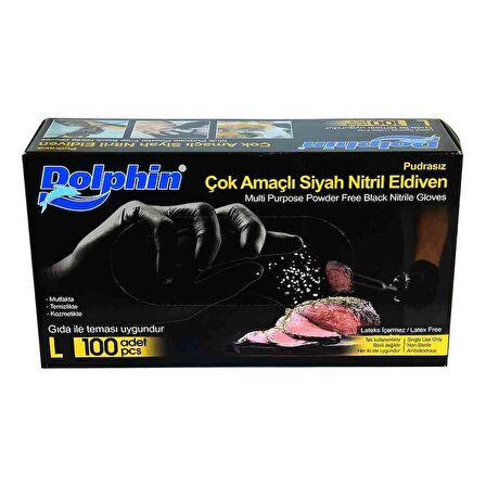 Dolphin Tek Kullanımlık Lateks Siyah Pudrasız Nitril Muayne Eldiveni Large - 100'lü 10 Paket