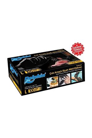 Dolphin Tek Kullanımlık Lateks Siyah Pudrasız Nitril Muayne Eldiveni Large - 100'lü 10 Paket