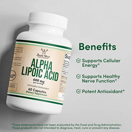 DOUBLE WOOD Alpha Lipoic Potent Antioxidant for Neuropathy and Cardiovascular Health 600 Mg 60 Caps
