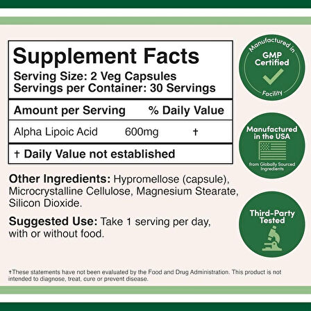DOUBLE WOOD Alpha Lipoic Potent Antioxidant for Neuropathy and Cardiovascular Health 600 Mg 60 Caps