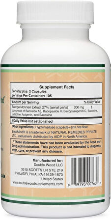DOUBLE WOOD BacoMind Clinically Tested Bacopa 210 Vegan Caps Learning and Memory, Reduces Anxiety