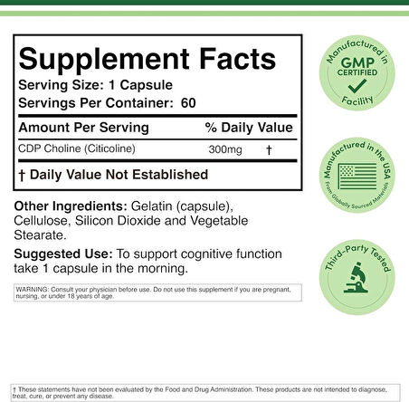 Double Wood CDP Choline (Citicoline) Pharmaceutical Grade Third Party Tested 60 Caps