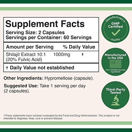 DOUBLE WOOD Shilajit Resin 1000 Mg (20% Fulvic Acid Supplement) 120 Caps