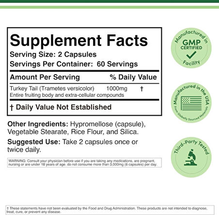 Double Wood Turkey Tail Mushroom (Coriolus Versicolor) Comprehensive Immune System Support 120 Caps