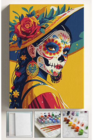 Sayılarla Boyama Hobi Seti Çerçeveli Numaralı Tuval Fırça Boya Dahil Kasnaklı DÖVMELİ KADIN 40x50 Cm