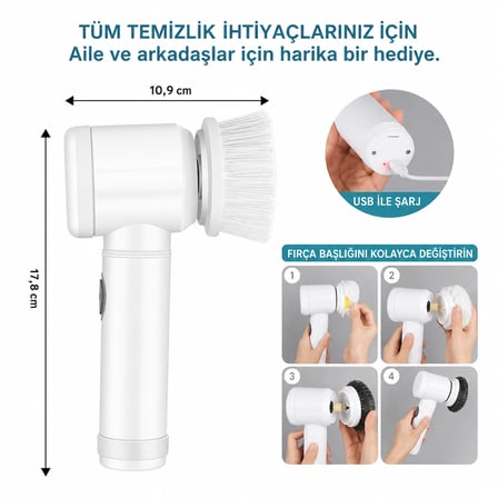 5 in 1 Şarjlı Ovma Fırçası Kablosuz Döner Mutfak & Banyo Temizlik Fırçası