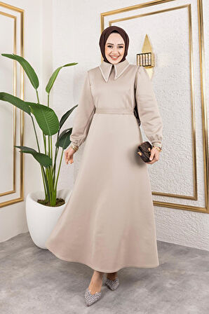 Kadın Kuşaklı Yakası İncili Scuba Kumaş Tesettür Elbise