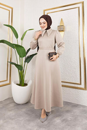 Kadın Kuşaklı Yakası İncili Scuba Kumaş Tesettür Elbise