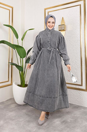 Kadın Düğmeli Kuşaklı Balon Kol Kot Elbise