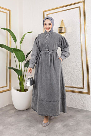 Kadın Düğmeli Kuşaklı Balon Kol Kot Elbise