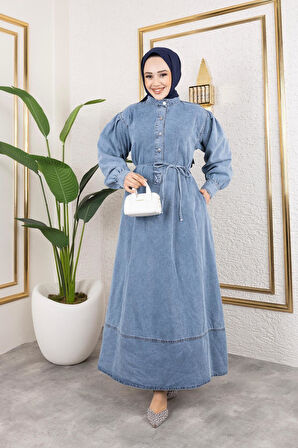 Kadın Düğmeli Kuşaklı Balon Kol Kot Elbise