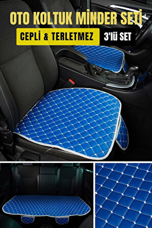 Opel Corsa Deri Silinebilir Cepli Oto Kılıf-Minder Oturak Seti (3 parça) Mavi