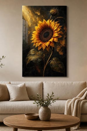Ayçiçeği Desenli Baskılı Cam Tablo – Gold Detaylı Dekoratif Duvar Tablosu