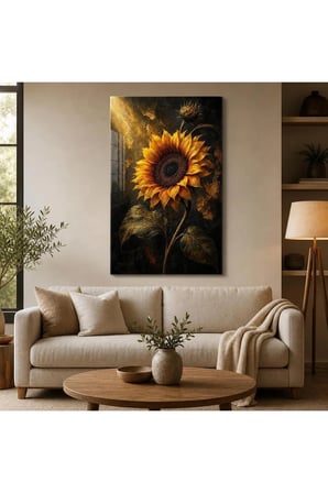 Ayçiçeği Desenli Baskılı Cam Tablo – Gold Detaylı Dekoratif Duvar Tablosu