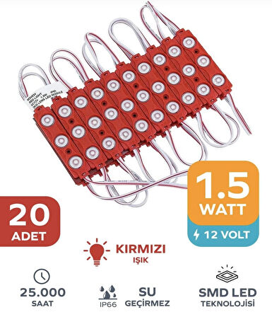 Point 3 Ledli Parmak LED Modül 1.5W 2835 Smd Mercekli 12V-20 Adet Kırmızı