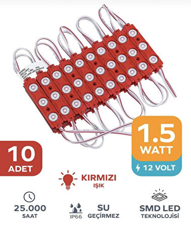 Point 3 Ledli Parmak LED Modül 1.5W 2835 Smd Mercekli 12V-10 Adet Kırmızı
