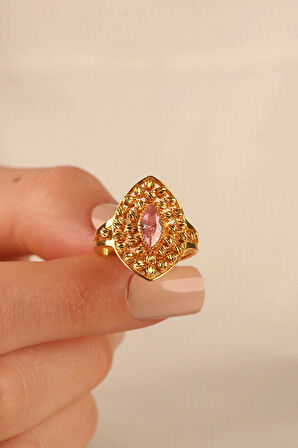 Pembe Taşlı Dorikalı Altın Yüzük drkp001