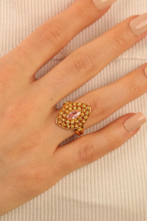 Pembe Taşlı Dorikalı Altın Yüzük drkp001