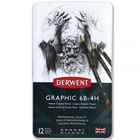 Derwent Graphic Pencil 12'li Teneke Kutu Medium (Dereceli Kalem)(Dengeli Uçlar)