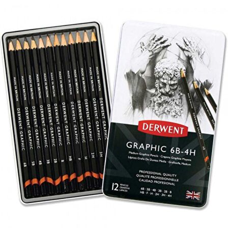 Derwent Graphic Pencil 12'li Teneke Kutu Medium (Dereceli Kalem)(Dengeli Uçlar)