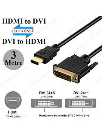 Yeni 2025 DVI 24+1 To HDMI Çift Yönlü DVI To HDMI Kablo 1080P Full Hd Çözünürlük 3 Katmanlı Kablo 3 Metre