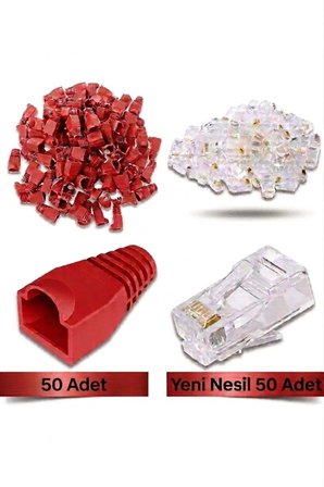 50 Adet Yeni Nesil Rj45 8P8C - 50 Adet Cover Set RJ45 2in1 Cover Jak Set Kırmızı