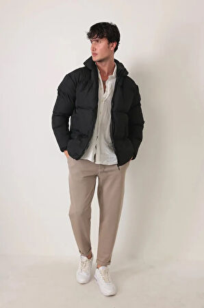 Erkek Kapüşonlu Ekstra Yumuşak Siyah Şişme Mont