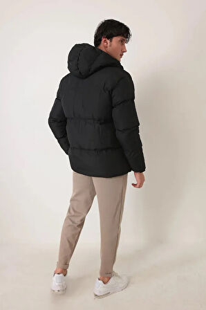 Erkek Kapüşonlu Ekstra Yumuşak Siyah Şişme Mont