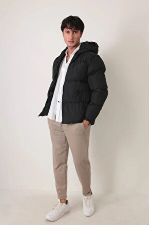 Erkek Kapüşonlu Ekstra Yumuşak Siyah Şişme Mont