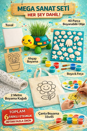 Mega Sanat Seti – Çim Kiti + 40 Boyanabilir Obje – Çanta, Tuval, Boyama Malzemeleri