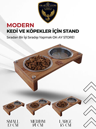  Paslanmaz Çelik Kaseli Kedi Köpek Mama ve Su Kabı Standı – Ahşap Gövde, Kaymaz Tabanlı (Medium)
