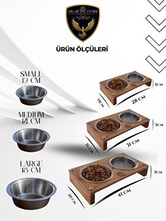  Paslanmaz Çelik Kaseli Kedi Köpek Mama ve Su Kabı Standı – Ahşap Gövde, Kaymaz Tabanlı (Medium)